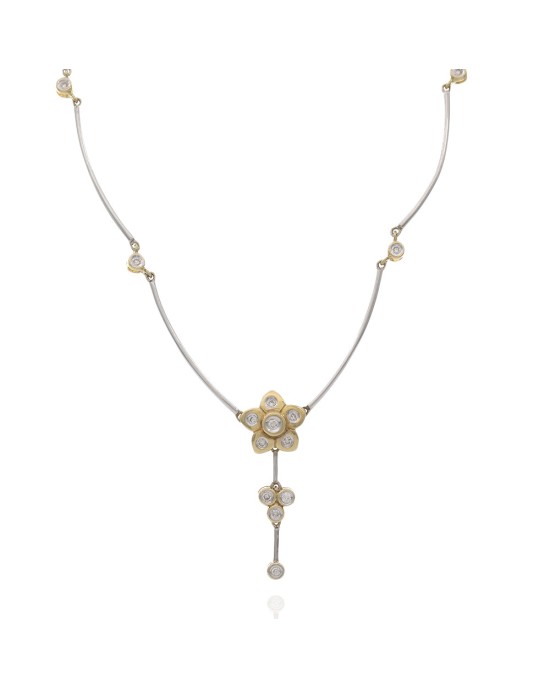 Diamond Flower Drop Bar Link Necklace