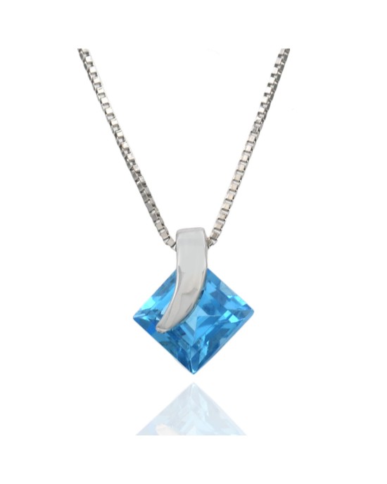 Square Swiss Blue Topaz Drop Necklace in White Gold
