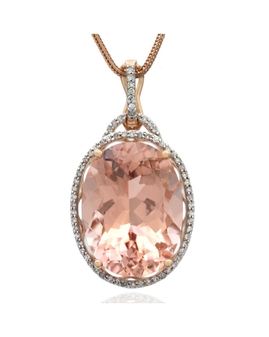 Fancy Oval Morganite and Diamond Halo Enhancer Pendant on Foxtail Chain Necklace
