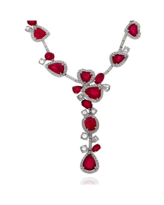 Mixed Cut Ruby and Diamond Drop Necklace in White Gold