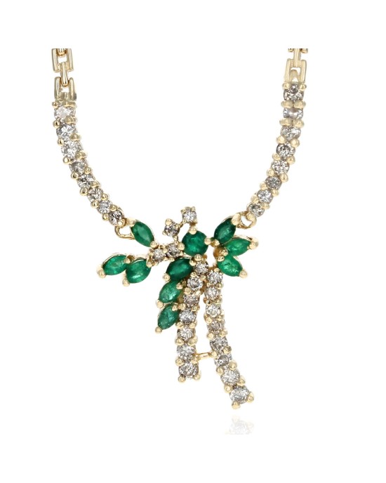 Emerald and Diamond Floral Motif Station Necklace