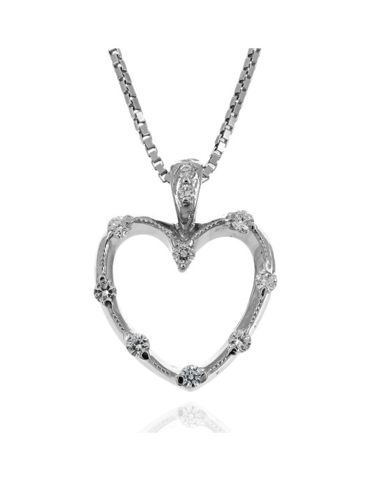 Diamond Open Cut Milgrain Heart Drop Necklace in White Gold