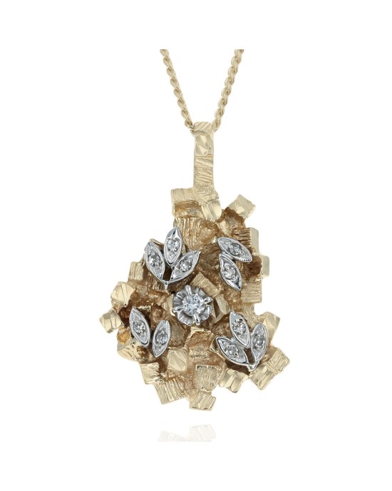 Diamond Foliate Accent Nugget Style Drop Necklace in White and Yellow Gold