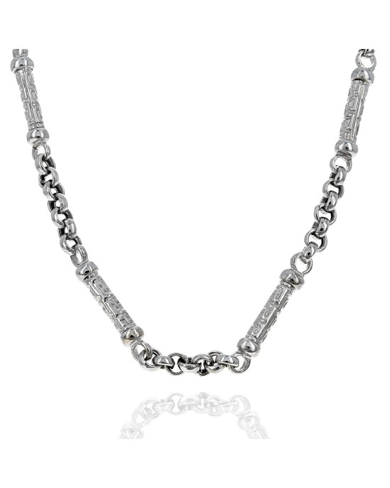 Alternating Rectangular Etched Greek Key Link Rolo Chain Necklace in White Gold
