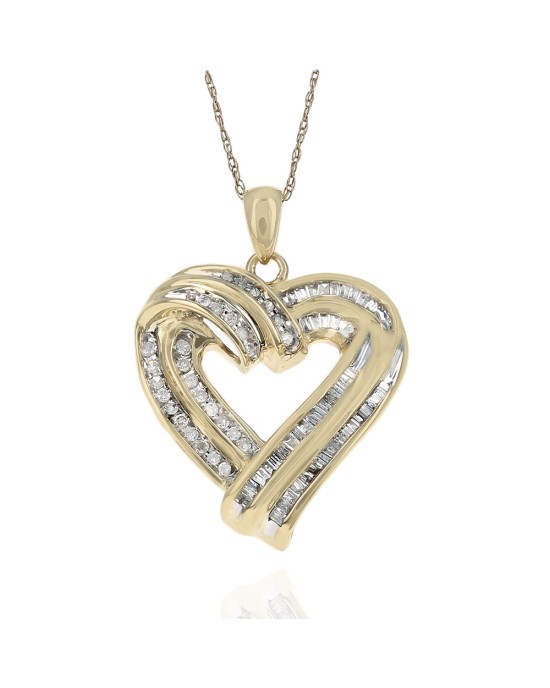 2 Row Diamond Open Heart Drop Necklace in Yellow Gold