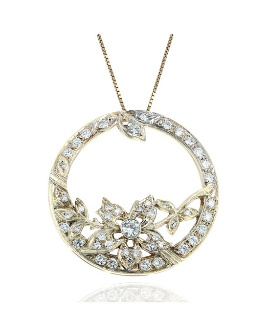 Diamond Open Floral Circular Pendant Necklace