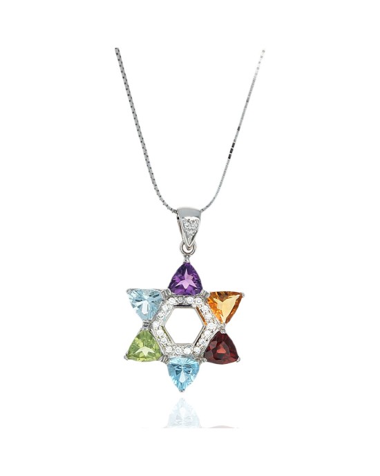 Mixed Gemstone and Diamond Star of David Necklace