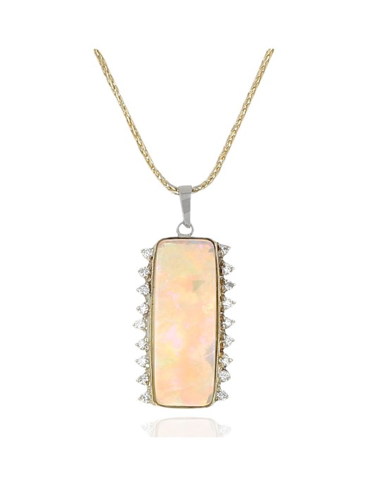 Ethiopian Opal and Diamond Rectangular Drop on Slide Chain Necklace