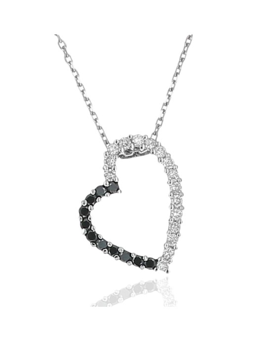 Black and White Diamond Open Heart Drop Necklace in White Gold