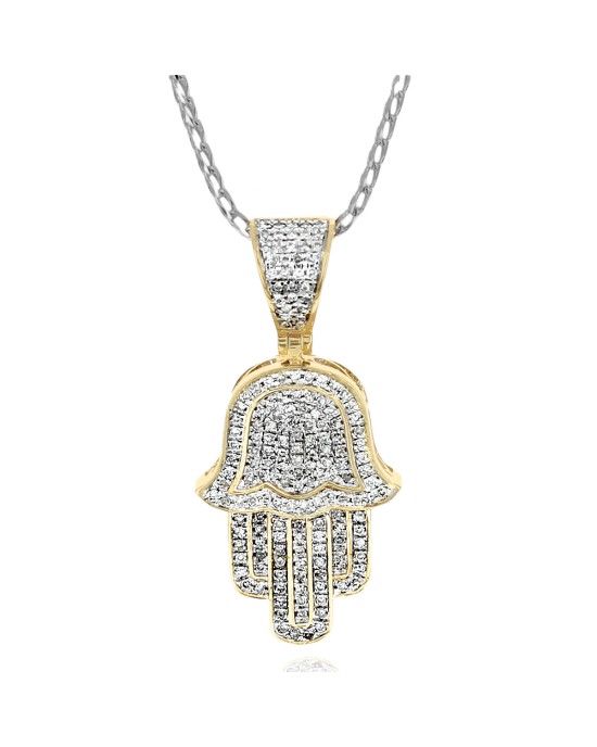 Pave Diamond Hamsa Drop Necklace in White and Yellow Gold