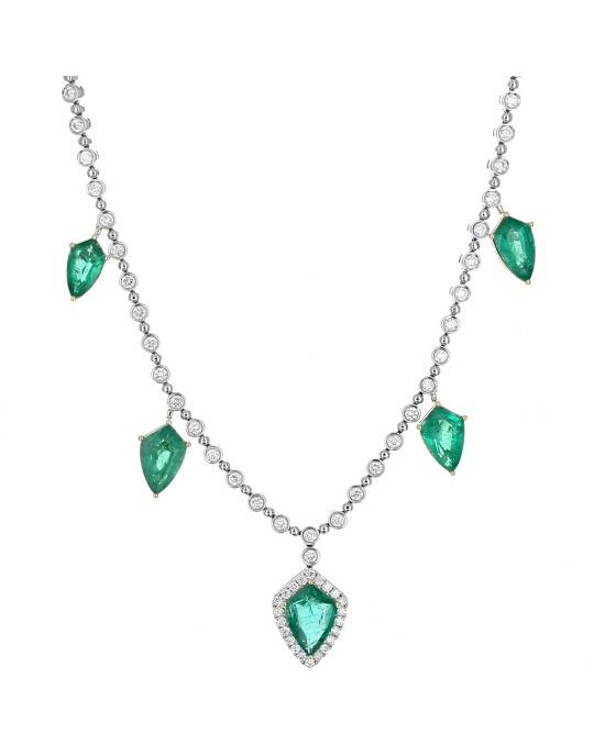 Emerald and Diamond Halo Station Necklace in White and Yellow Gold