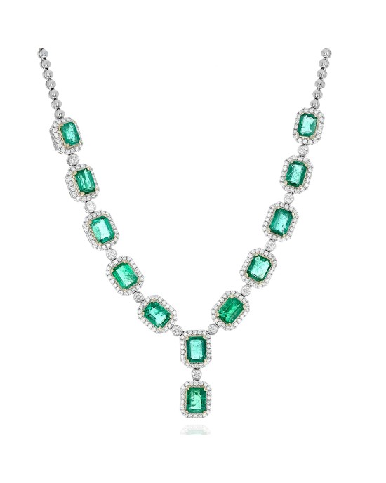 Emerald and Diamond Halo Link Station Necklace in White and Yellow Gold