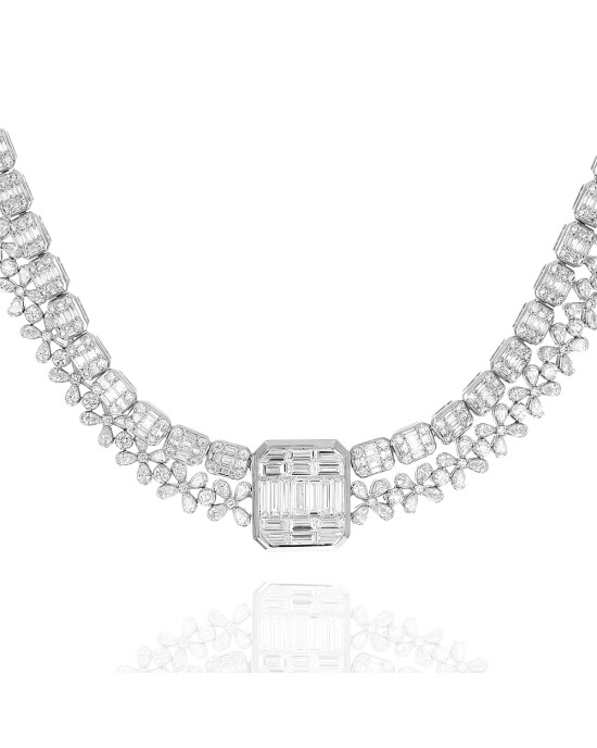 2 Row Mixed Diamond Mosaic and Flower Link Station Necklace in White Gold