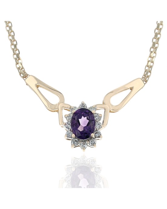 Amethyst and Diamond Halo Station Necklace in Yellow Gold
