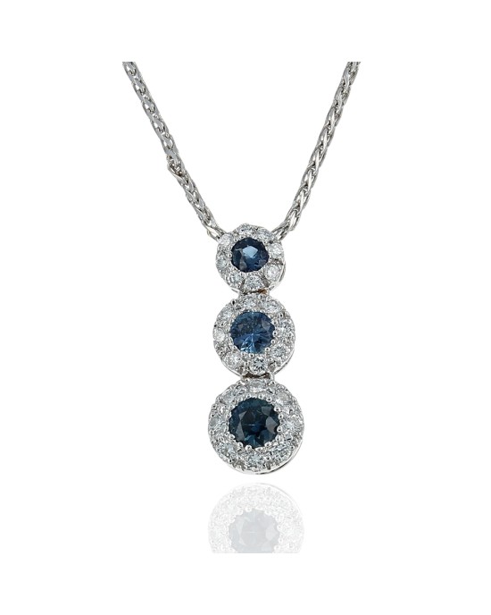 Blue Sapphire and Diamond Halo Triple Drop Necklace