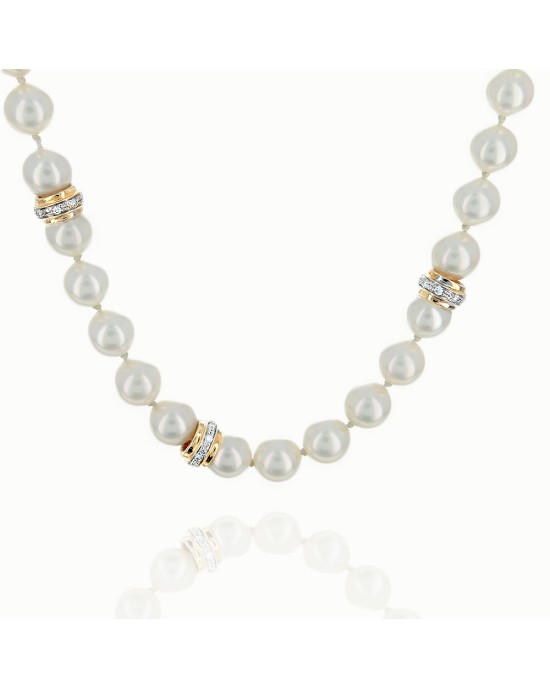 Pearl Strand Necklace with Diamond Rondelles and Pearl Clasp