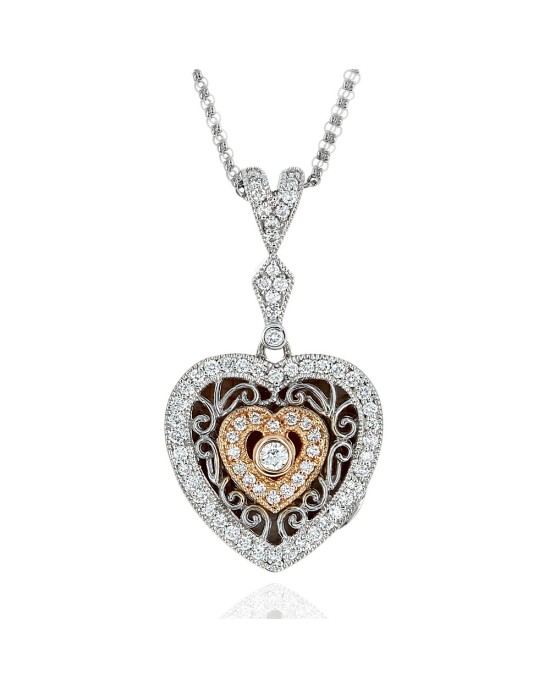 2 Tone Diamond Heart Locket on 2 Strand Cable Chain