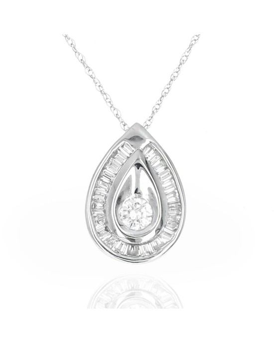 Round and Baguette Diamond Pear Shape Drop Necklace