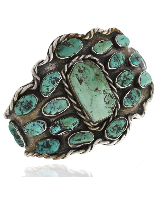 Old Pawn Navajo Sterling Silver & Turquoise Cluster Cuff Bracelet
