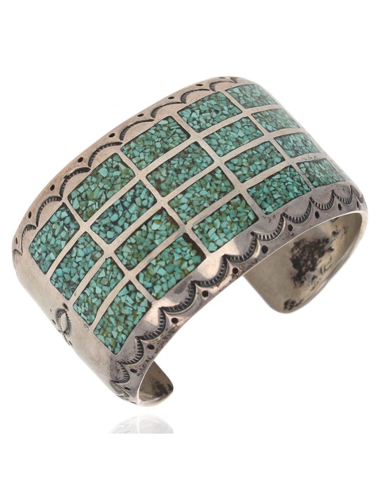 Navajo Delvin Nelson Sterling Silver Turquoise Chip Inlay Cuff Bracelet