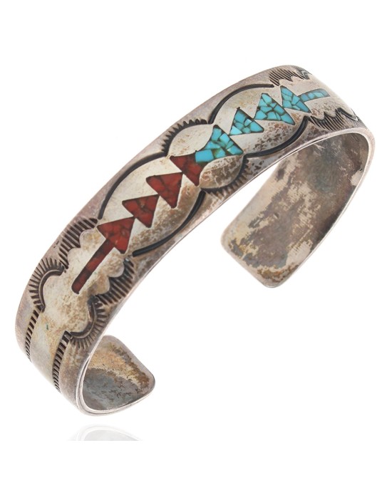 Navajo Sterling Silver & Turquoise Chip Inlay Cuff Bracelet