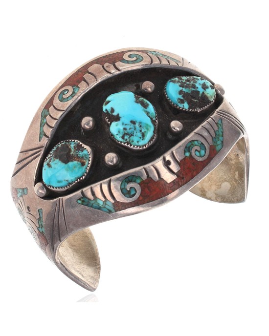Navajo Signed Sterling Silver Turquoise & Coral Chip Inlay Cuff Bracelet