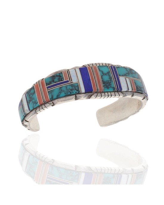 Navajo Signed B Sterling Silver Multi-Stone Inlay Cuff Bracelet