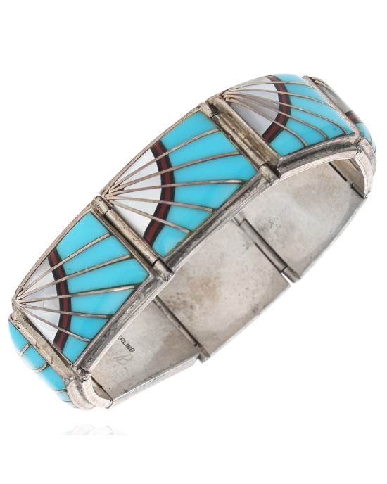 Navajo Signed L.R. Sterling Silver Multi-Stone Inlay Bracelet