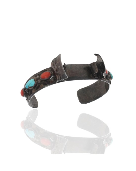 Navajo Sterling Silver Turquoise & Coral Watch Cuff Bracelet