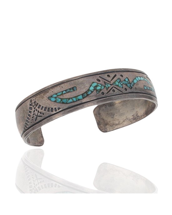 Navajo Signed BM Sterling Silver Turquoise Chip Inlay Bracelet
