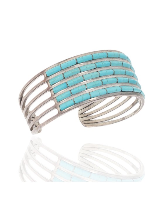 Zuni Signed ALW Sterling Silver & Turquoise Inlay Bracelet