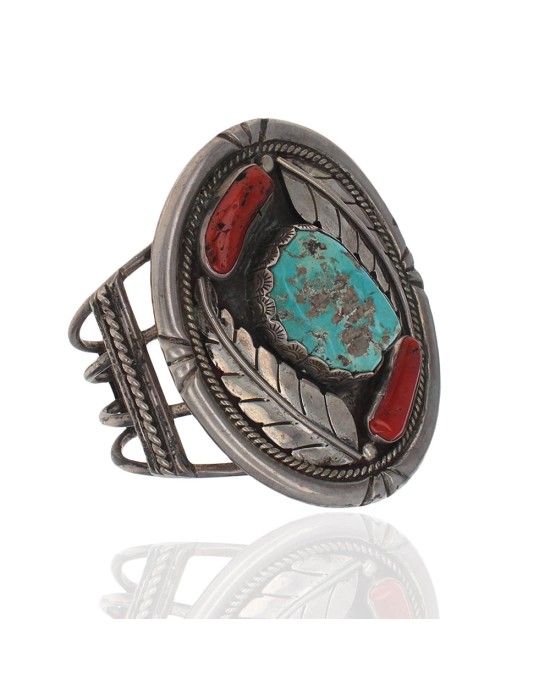 Navajo Raymond Scott Sterling Silver Turquoise & Coral Cuff Bracelet