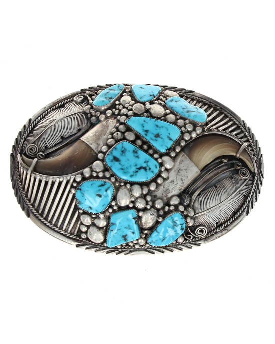 Large Navajo Delbert Chatter Sterling Silver Turquoise & Bear Claw Buckle