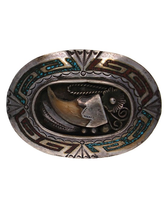 Navajo Henry Baca Sterling Silver Turquoise Coral Chip Inlay Claw Buckle