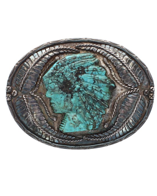 Navajo Jack Eberhart Sterling Silver & Turquoise Carved Chief Buckle