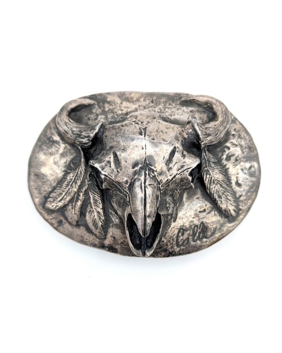 Paul Calle Sterling Silver Buffalo Skull & Feathers Western Buckle Limited Edition