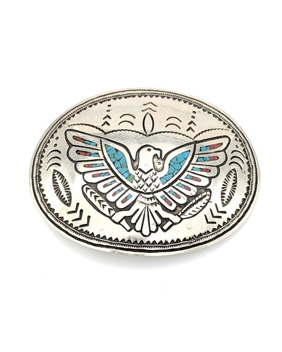 Turquoise and Coral chip inlay Eagle Belt buckle