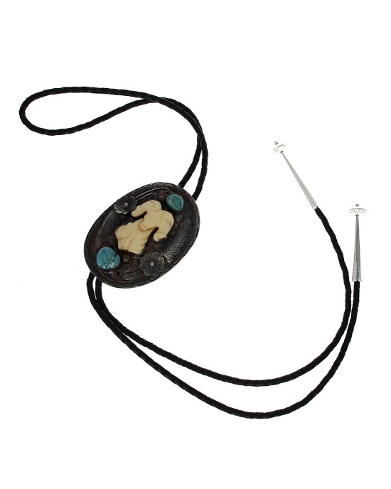 Navajo Richard Begay Sterling Silver Carved Ivory Ram & Turquoise Bolo Tie