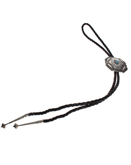 Navajo Signed PO Sterling Silver & Turquoise Bolo Tie