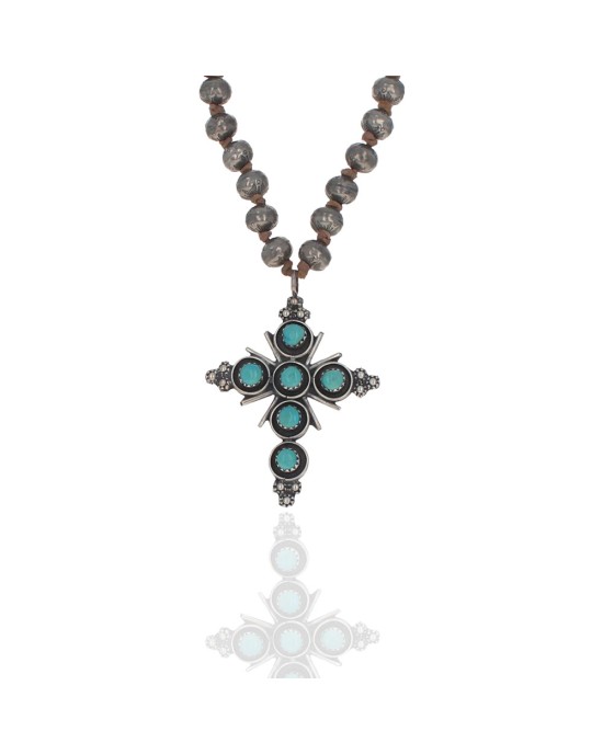 Zuni Sterling Silver Bead Turquoise & Coral Reversible Cross Necklace