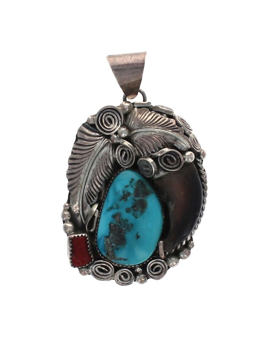 Navajo Sterling Silver Turquoise & Coral Bear Claw Pendant