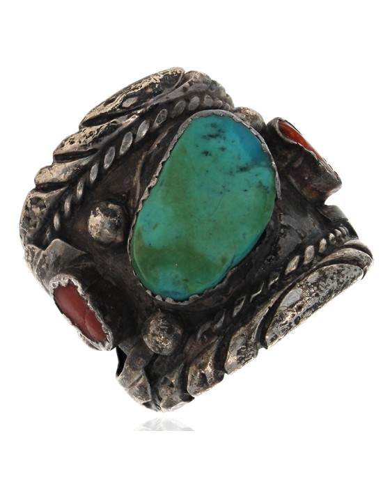Navajo Cecil Lee Sterling Silver Turquoise & Coral Ring