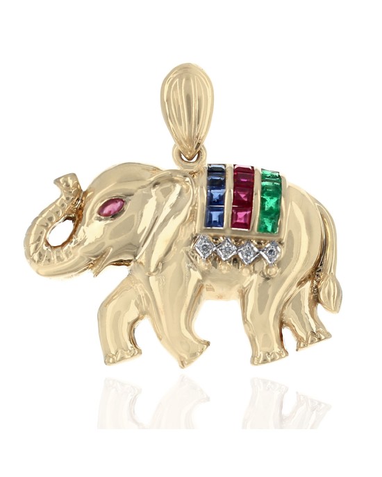 Ruby, Sapphire, Emerald, and Diamond Elephant Pendant in Yellow Gold