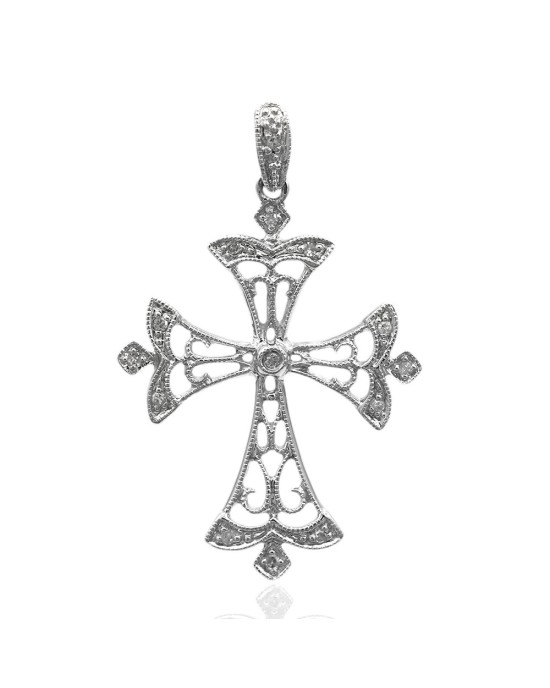 Diamond Filigree Cross Pendant in White Gold