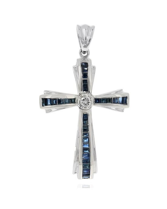 Blue Sapphire and Diamond Cross Pendant