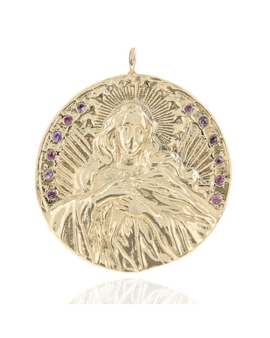 3D Virgin Mary Medallion with Synthetic Pink Sapphire Accent