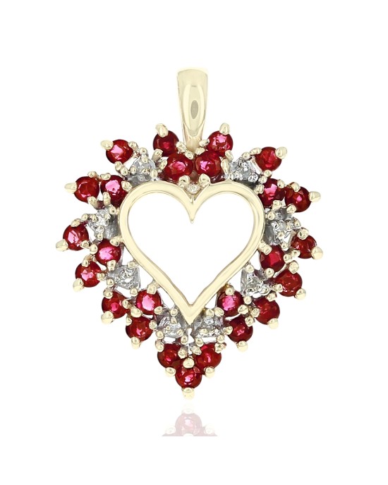 Ruby and Diamond Open Heart Pendant in White and Yellow Gold