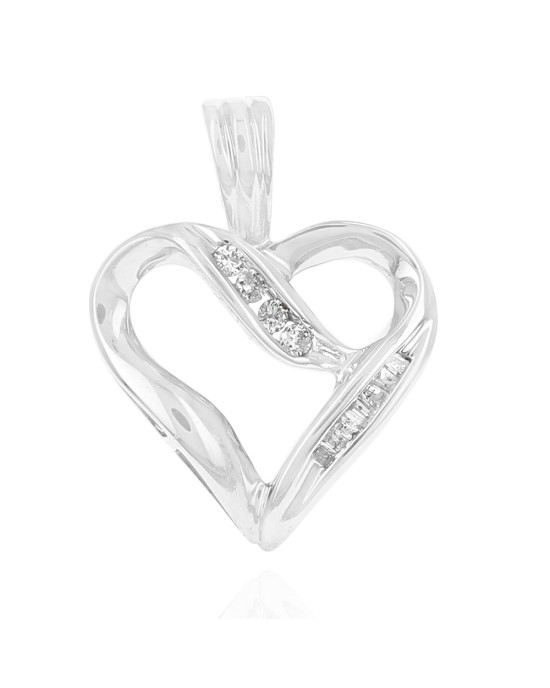 Round and Baguette Diamond Open Heart Pendant in White Gold