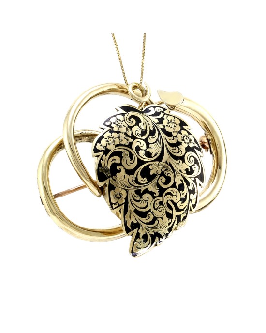 Victorian Celtic Love Knot Birch Leaf Mourning Locket Brooch in 14K Yellow Gold