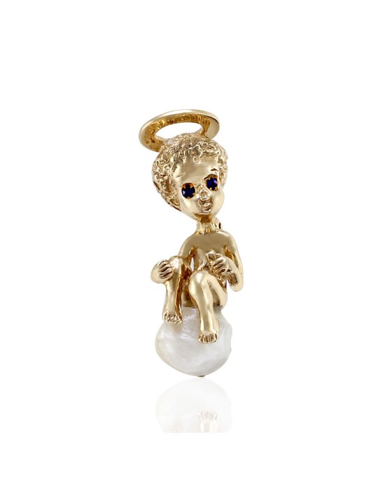 Ruser Freshwater Pearl and Sapphire Cherub with Book Pin in Yellow Gold